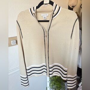 St. John Sport Cream Knit Zip Wool Jacket with Black Trim-M